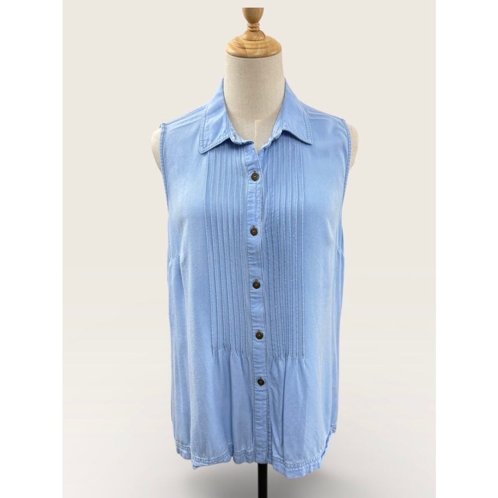 Jones New York Sport Chambray Sleeveless Top with Front Pleats, See Measurements
